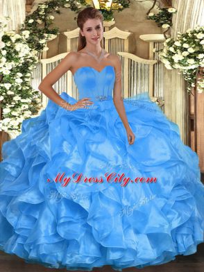 Glittering Baby Blue Sleeveless Floor Length Beading and Ruffles Lace Up Sweet 16 Dress