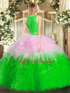Multi-color Two Pieces Tulle Scoop Sleeveless Ruffles Floor Length Zipper 15th Birthday Dress