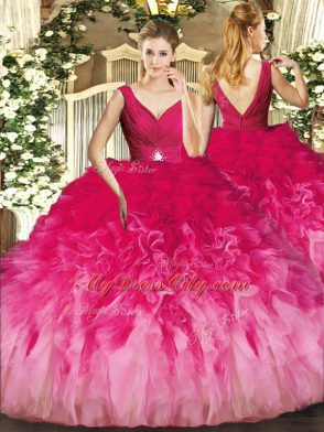 Multi-color Quince Ball Gowns Sweet 16 and Quinceanera with Beading and Ruffles V-neck Sleeveless Backless