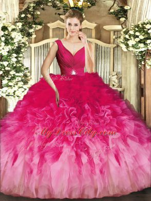 Multi-color Quince Ball Gowns Sweet 16 and Quinceanera with Beading and Ruffles V-neck Sleeveless Backless
