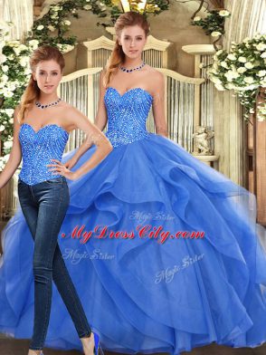 Blue Ball Gowns Organza Sweetheart Sleeveless Beading and Ruffles Floor Length Lace Up Ball Gown Prom Dress