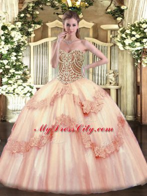 Pink Tulle Lace Up Sweet 16 Quinceanera Dress Sleeveless Floor Length Beading and Appliques