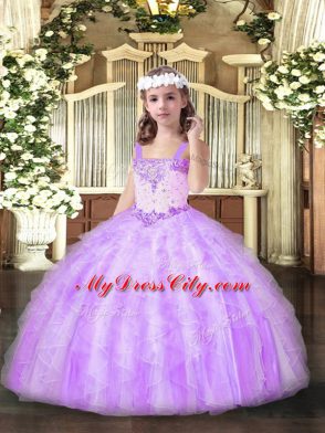 Lilac Straps Neckline Beading and Ruffles Girls Pageant Dresses Sleeveless Lace Up
