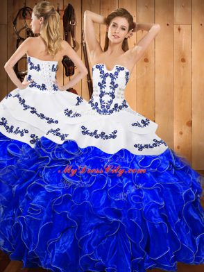 Deluxe Strapless Sleeveless Quinceanera Gowns Floor Length Embroidery and Ruffles Blue And White Satin and Organza