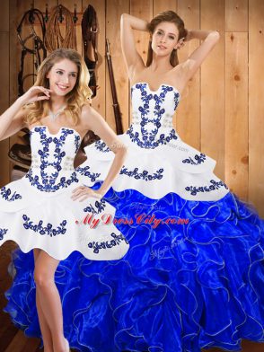 Deluxe Strapless Sleeveless Quinceanera Gowns Floor Length Embroidery and Ruffles Blue And White Satin and Organza