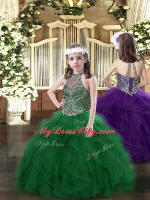 Trendy Dark Green Sleeveless Beading and Ruffles Floor Length Pageant Gowns