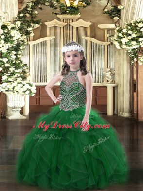 Trendy Dark Green Sleeveless Beading and Ruffles Floor Length Pageant Gowns