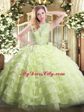 Admirable Yellow Green Scoop Backless Lace and Ruffled Layers Vestidos de Quinceanera Sleeveless