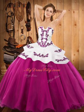 Fine Fuchsia Lace Up Strapless Embroidery Quinceanera Dress Satin and Organza Sleeveless