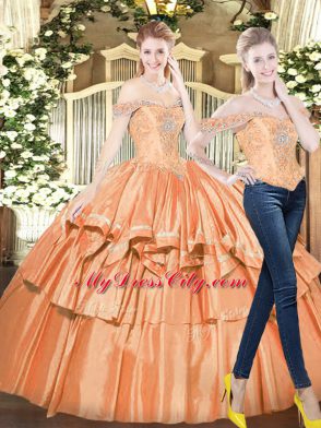 Orange Red Off The Shoulder Neckline Beading and Ruffled Layers Quinceanera Gown Sleeveless Lace Up