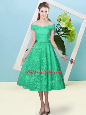 Fabulous Turquoise Lace Lace Up Bridesmaid Dresses Cap Sleeves Tea Length Bowknot