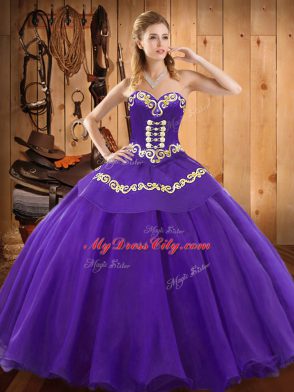Sleeveless Floor Length Embroidery Lace Up Quinceanera Dresses with Purple