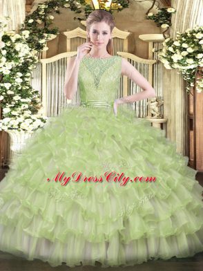 Yellow Green Vestidos de Quinceanera Military Ball and Sweet 16 and Quinceanera with Beading and Ruffled Layers Scoop Sleeveless Backless