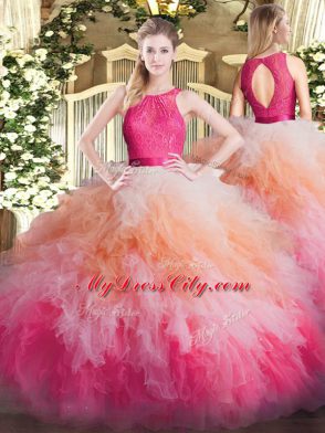 Sleeveless Organza Floor Length Zipper Quinceanera Gown in Multi-color with Lace and Ruffles
