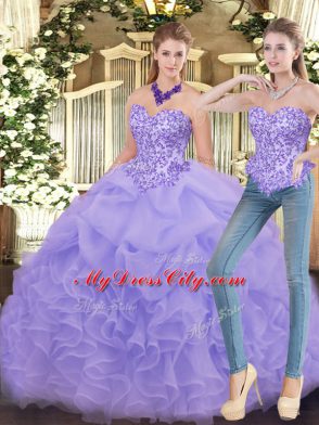 Lavender Ball Gown Prom Dress Military Ball and Sweet 16 and Quinceanera with Appliques and Ruffles Sweetheart Sleeveless Zipper
