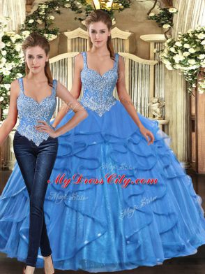 Baby Blue Lace Up Straps Beading and Ruffles Sweet 16 Dress Tulle Sleeveless