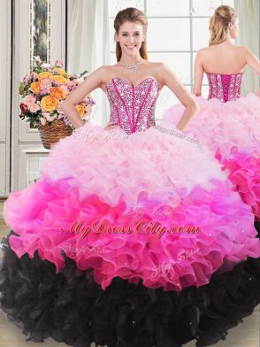 Multi-color Ball Gowns Beading and Ruffles 15th Birthday Dress Lace Up Organza Sleeveless Floor Length