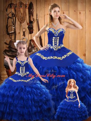 Ball Gowns Quinceanera Dress Blue Sweetheart Satin and Organza Sleeveless Floor Length Lace Up