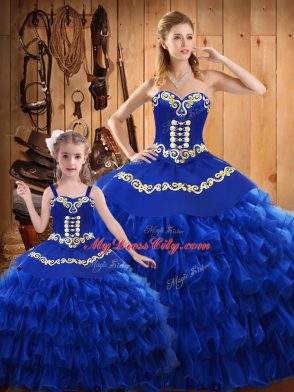 Ball Gowns Quinceanera Dress Blue Sweetheart Satin and Organza Sleeveless Floor Length Lace Up