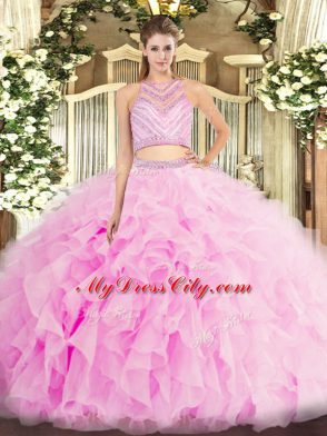 Sweet Scoop Sleeveless Tulle Sweet 16 Quinceanera Dress Beading and Ruffles Backless