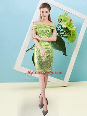 Short Sleeves Sequined Mini Length Zipper Evening Dress in Yellow Green with Sequins