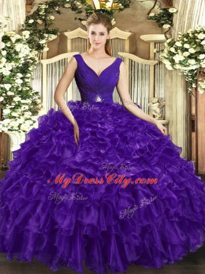 Organza V-neck Sleeveless Backless Beading and Ruffles Quinceanera Dresses in Purple