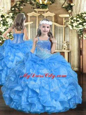 Baby Blue Sleeveless Organza Lace Up Kids Pageant Dress for Party and Sweet 16 and Quinceanera and Wedding Party