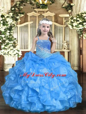 Baby Blue Sleeveless Organza Lace Up Kids Pageant Dress for Party and Sweet 16 and Quinceanera and Wedding Party