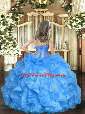 Baby Blue Sleeveless Organza Lace Up Kids Pageant Dress for Party and Sweet 16 and Quinceanera and Wedding Party