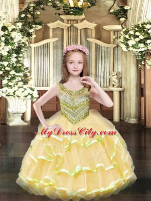 Floor Length Ball Gowns Sleeveless Gold Little Girls Pageant Dress Lace Up
