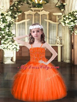 Amazing Orange Red Spaghetti Straps Neckline Beading and Ruffles Child Pageant Dress Sleeveless Lace Up