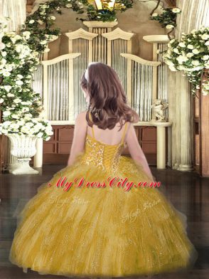 Amazing Orange Red Spaghetti Straps Neckline Beading and Ruffles Child Pageant Dress Sleeveless Lace Up
