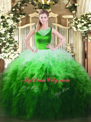 Multi-color Sleeveless Beading and Ruffles Floor Length Quince Ball Gowns