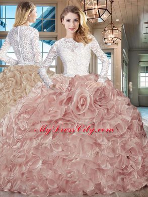 Champagne Long Sleeves Lace and Fabric With Rolling Flowers Brush Train Lace Up Ball Gown Prom Dress for Sweet 16 and Quinceanera