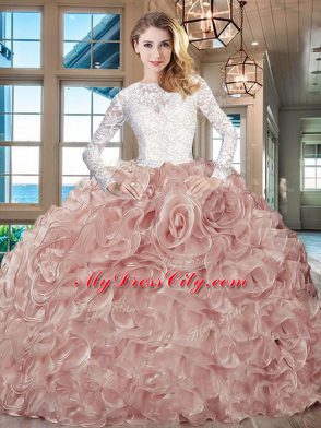 Champagne Long Sleeves Lace and Fabric With Rolling Flowers Brush Train Lace Up Ball Gown Prom Dress for Sweet 16 and Quinceanera