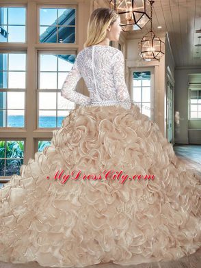 Champagne Long Sleeves Lace and Fabric With Rolling Flowers Brush Train Lace Up Ball Gown Prom Dress for Sweet 16 and Quinceanera