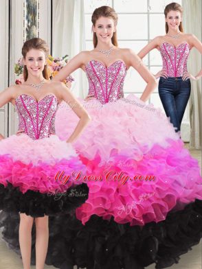 Sleeveless Floor Length Beading and Ruffles Lace Up Quinceanera Dress with Multi-color