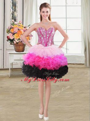 Sleeveless Floor Length Beading and Ruffles Lace Up Quinceanera Dress with Multi-color