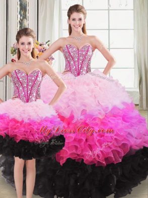 Sleeveless Floor Length Beading and Ruffles Lace Up Quinceanera Dress with Multi-color
