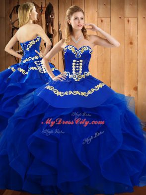 Blue Lace Up Sweetheart Embroidery and Ruffles Sweet 16 Quinceanera Dress Satin and Organza Sleeveless