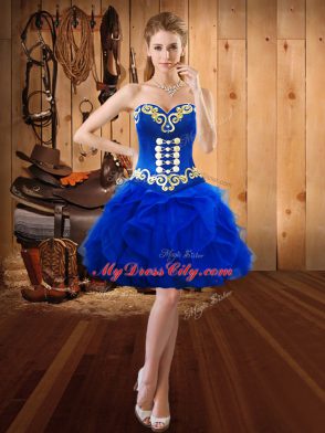 Blue Lace Up Sweetheart Embroidery and Ruffles Sweet 16 Quinceanera Dress Satin and Organza Sleeveless