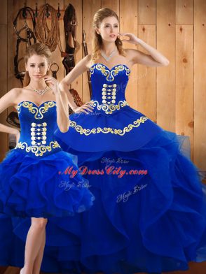 Blue Lace Up Sweetheart Embroidery and Ruffles Sweet 16 Quinceanera Dress Satin and Organza Sleeveless
