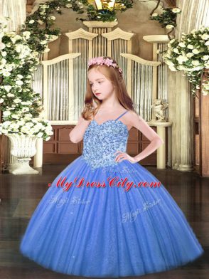 Customized Floor Length Lace Up Little Girls Pageant Dress Wholesale Baby Blue for Party and Quinceanera with Appliques