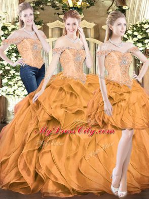 Orange Red Sleeveless Organza Lace Up Quinceanera Dresses for Military Ball and Sweet 16 and Quinceanera