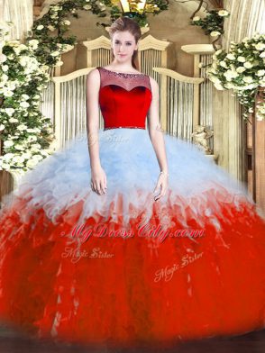 White And Red Ball Gowns Tulle Scoop Sleeveless Ruffles Floor Length Zipper Quinceanera Gown