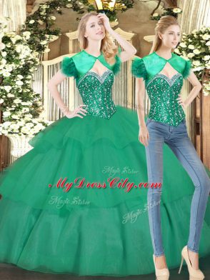 Turquoise Quince Ball Gowns Military Ball and Sweet 16 and Quinceanera with Beading and Ruffled Layers Sweetheart Sleeveless Lace Up
