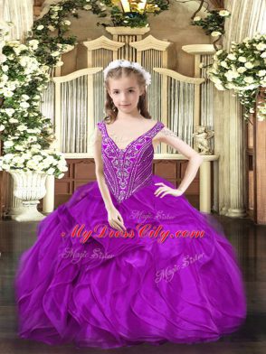 Floor Length Purple Little Girls Pageant Gowns V-neck Sleeveless Lace Up