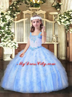 Light Blue Sleeveless Floor Length Beading and Ruffles Lace Up Little Girls Pageant Dress