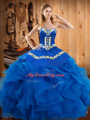 Beautiful Blue Sleeveless Floor Length Embroidery and Ruffles Lace Up Quince Ball Gowns