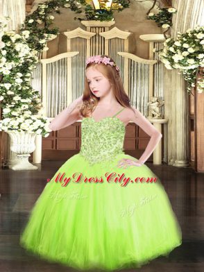 Yellow Green Tulle Lace Up Girls Pageant Dresses Sleeveless Floor Length Appliques